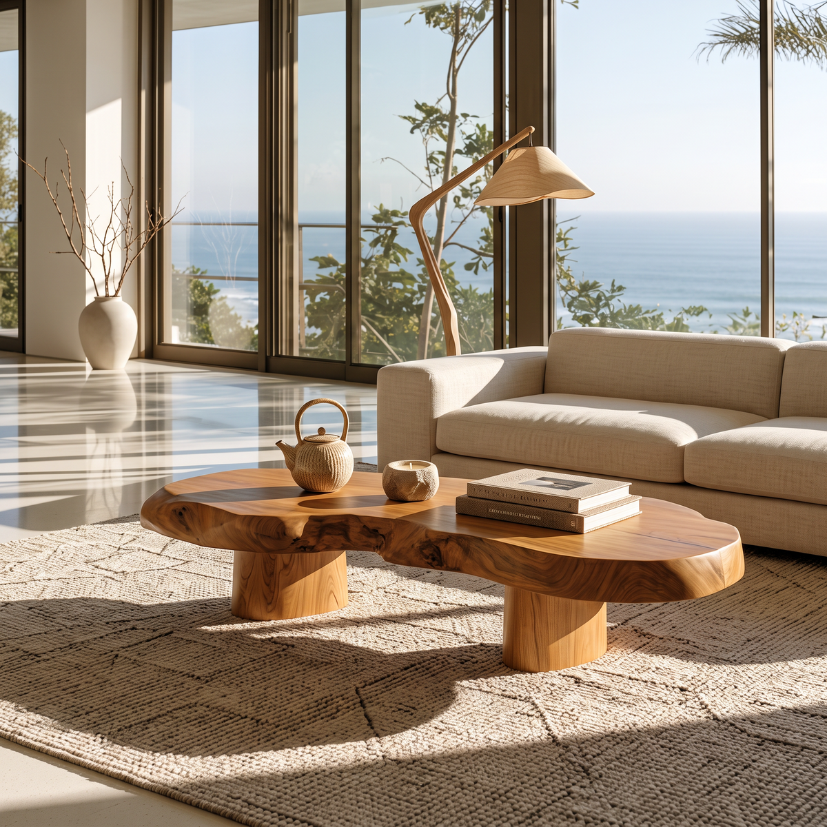 Modern Solid Wood Coffee Table With Sculptural Slab Top For Living Room