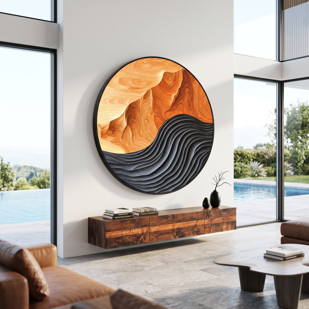 Hand-Carved Solid Hardwood Wave Wall Sculpture, Mid-Century Style