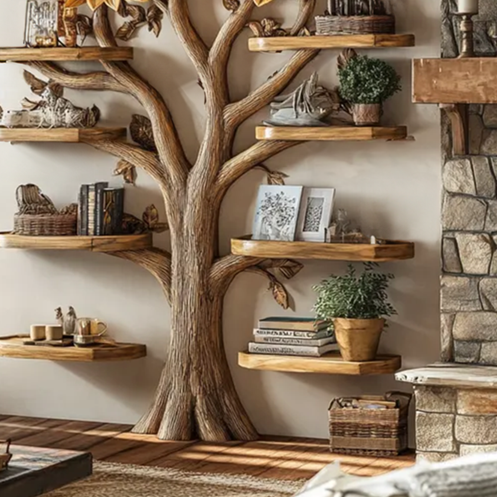 Natural Tree Branch Wall Bookcase, One Of A Kind, 70 x 55 Inch