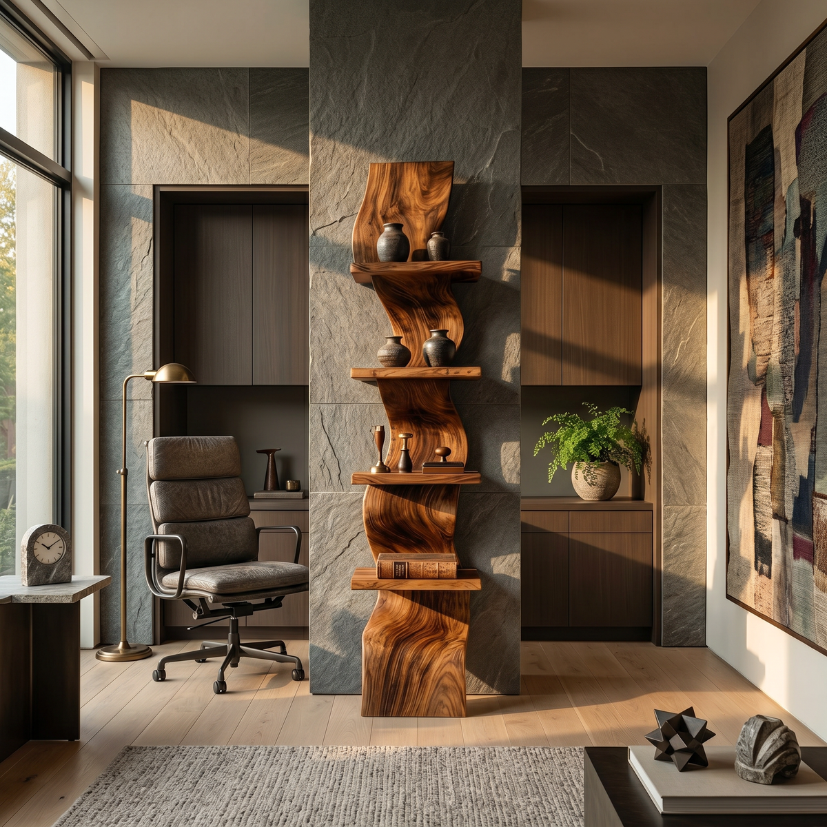 Central Spine Wave Wall Shelf in Wood, Tiered, 47 to 70 in Tall
