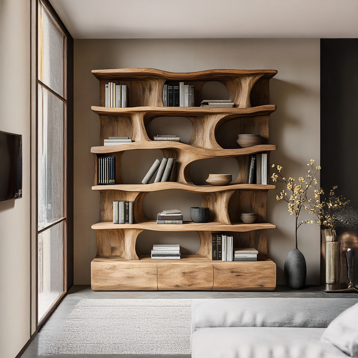Sculptural Bookshelf, Curved Solid Wood Wall Unit with Drawers