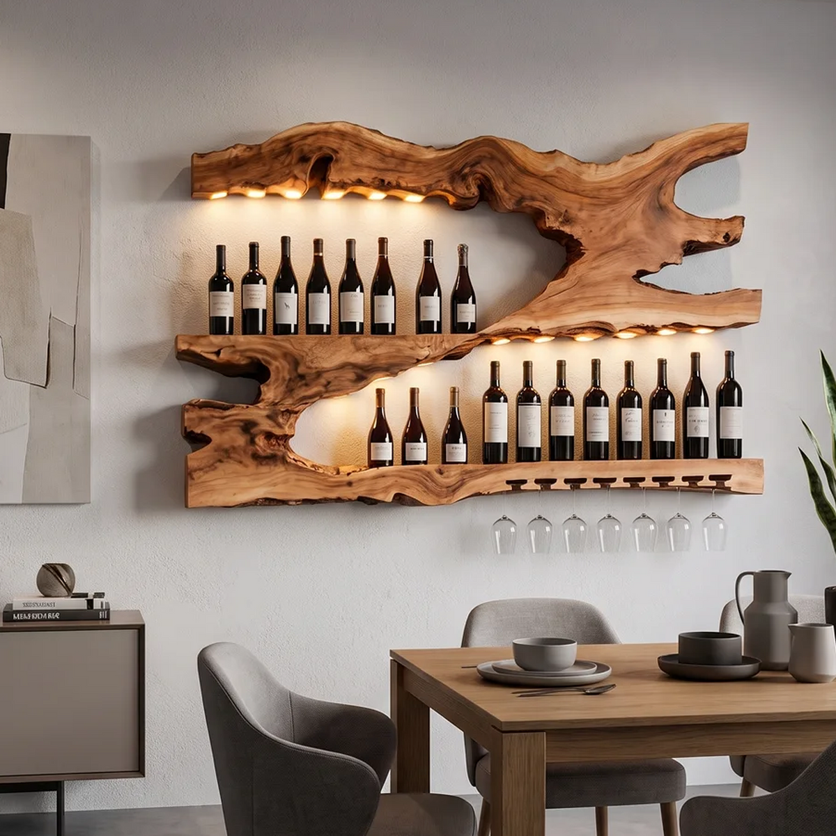 Mid-Century Monkeypod Wood Wall Wine Rack with Minimalist Shelf