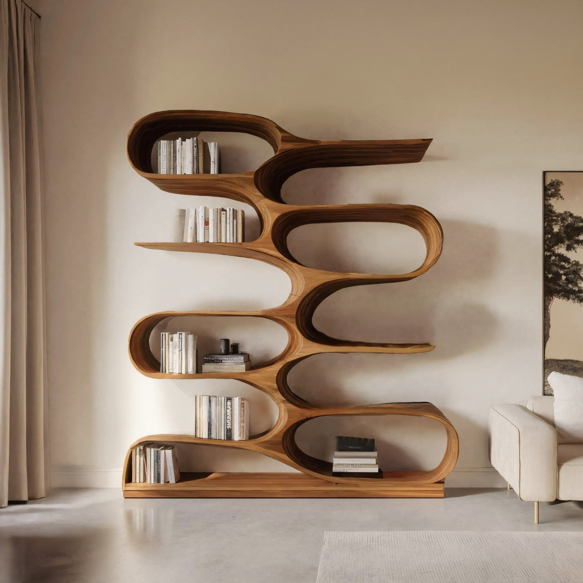 Wavy Tiered Wood Bookcase for Living Room or Study, 47 to 80 in Tall