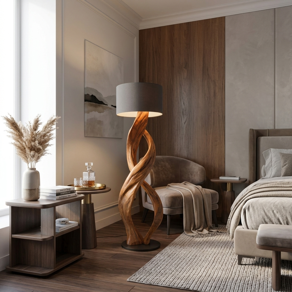 Twisting Wood Column Floor Lamp with Plain Shade, 39 to 63 in Tall