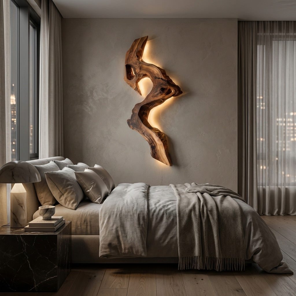 Organic Contour Solid Wood Wall Light With Ambient Glow, 39 to 63 Inch