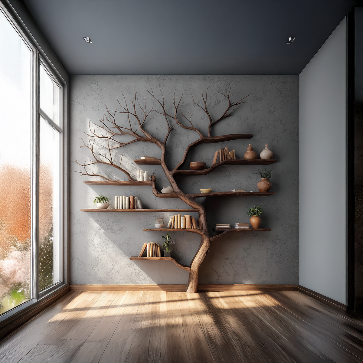 Square Branch Wall Bookshelf with Floating Shelves, 60 x 60 in