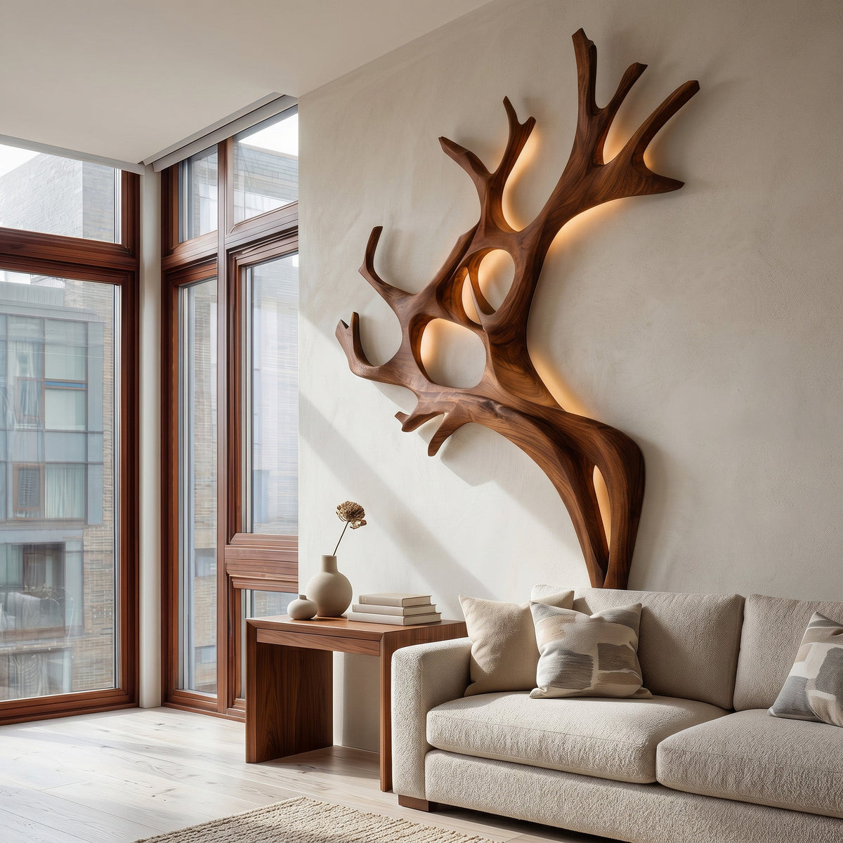 Backlit Carved Branch Wall Lamp, Sculptural Wood, 47 to 63 Inch Tall