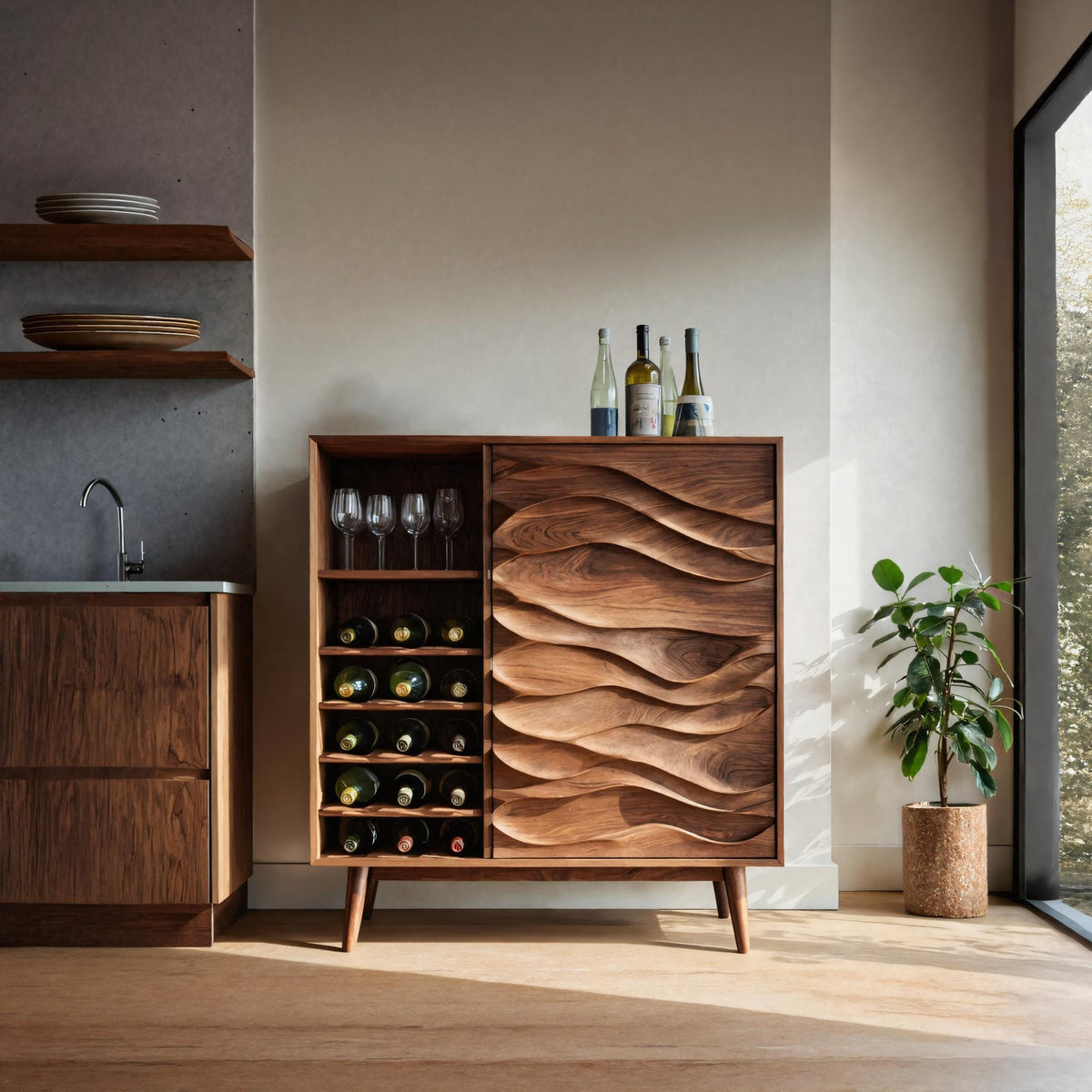 Sculptural Wine Cabinet With Wave Carved Doors For Kitchen