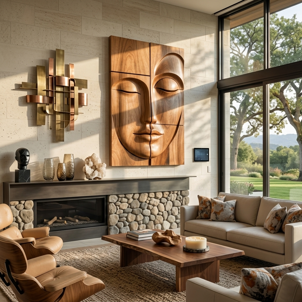 Multi-Panel Carved Wood Buddha Face Relief Wall Decor, 47-71 in