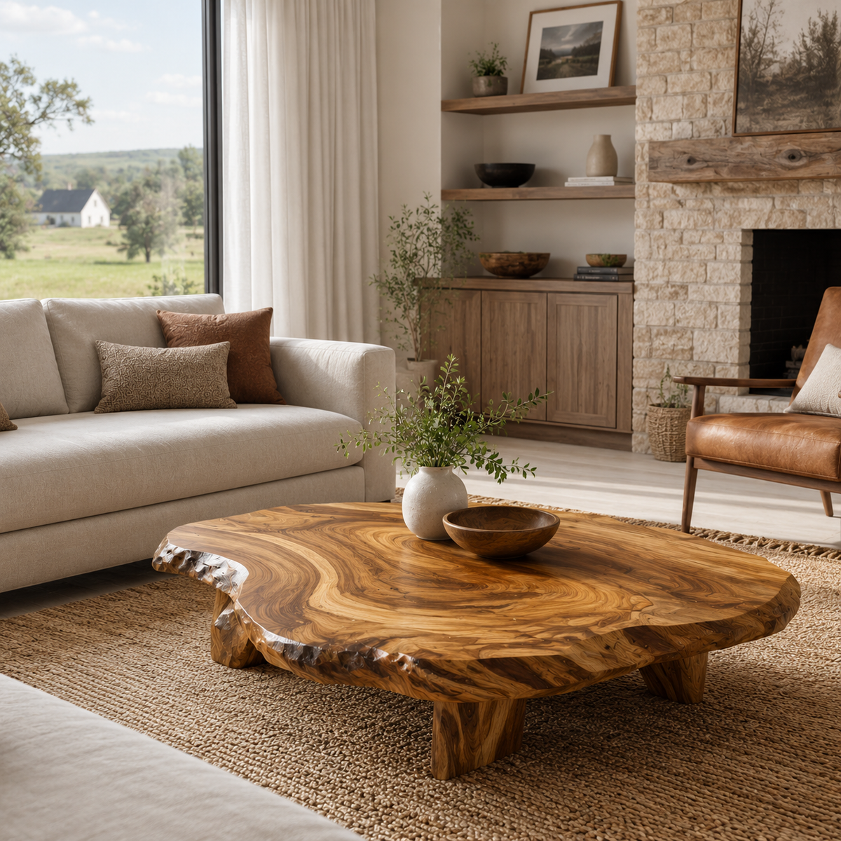 Low 13-Inch Live Edge Cocktail Table on Chunky Block Legs