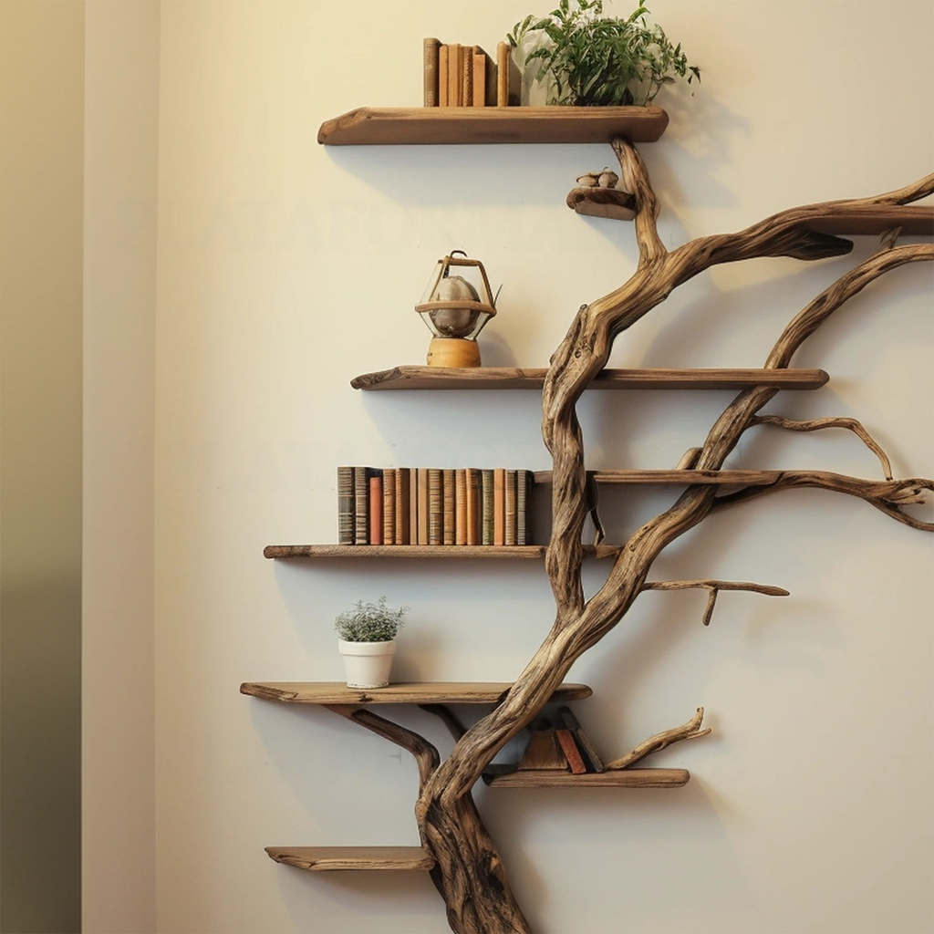 Floor-to-Ceiling Corner Branch Shelf, Dark Brown 84 x 72 x 8 Inches