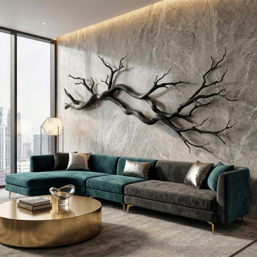 Horizontal Wall Sculpture, Wabi Sabi Carved Wood Hand and Clover