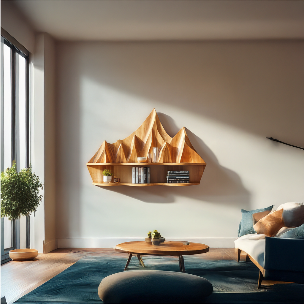 Rustic Floating Shelf With Sculptural Mountain Relief For Bedroom