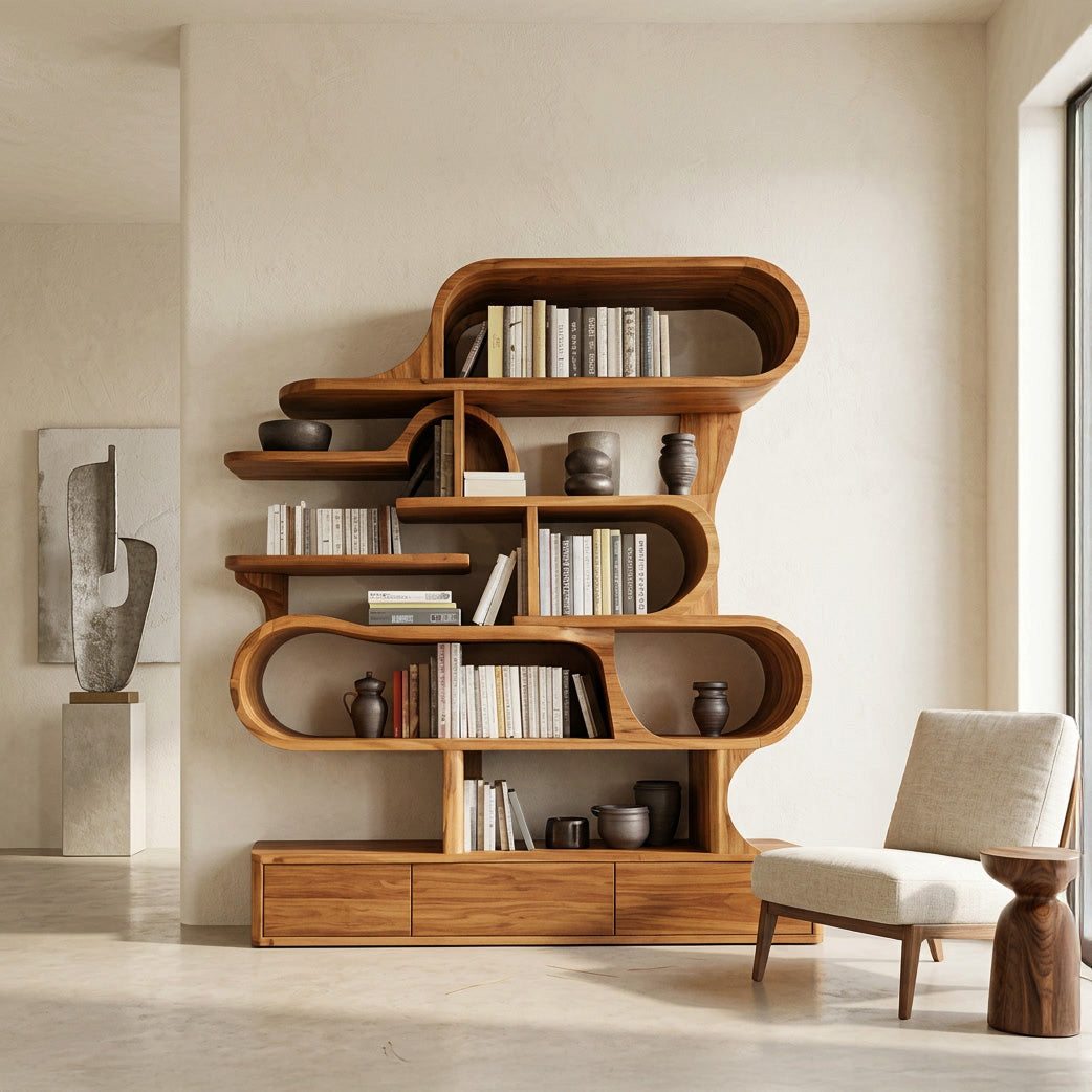 Layered Curve Wood Shelving Unit for Living Room, 59 to 79 in Tall