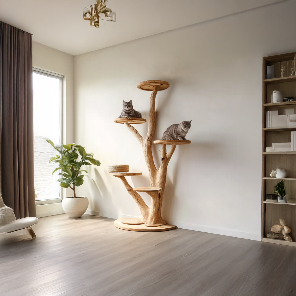 Tree-Shaped Wood Cat Climbing Tower with Branch Perches, 59-80 in