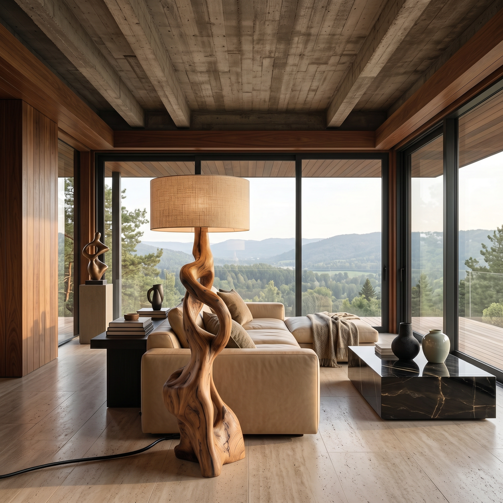 Hand-Carved Wooden Floor Lamp With Sculptural Base, 30 To 51 Inch