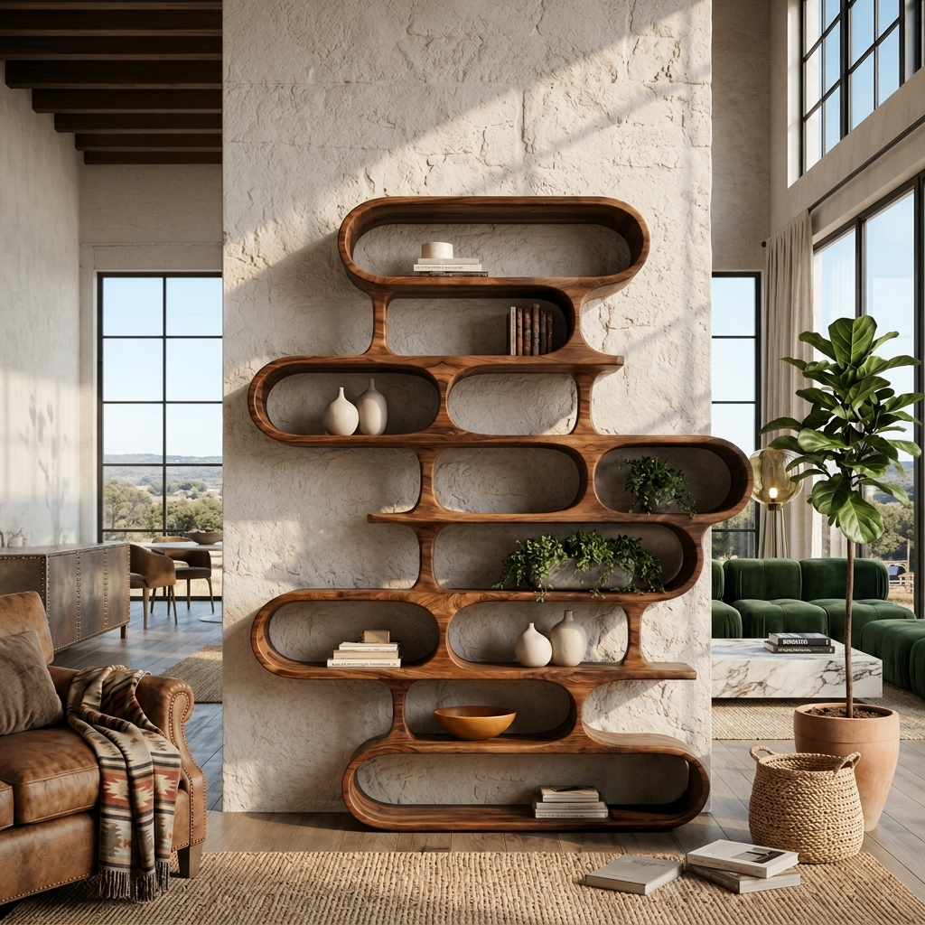 Flowing Curved Frame Wood Bookcase for Office, 63 to 79 in Tall