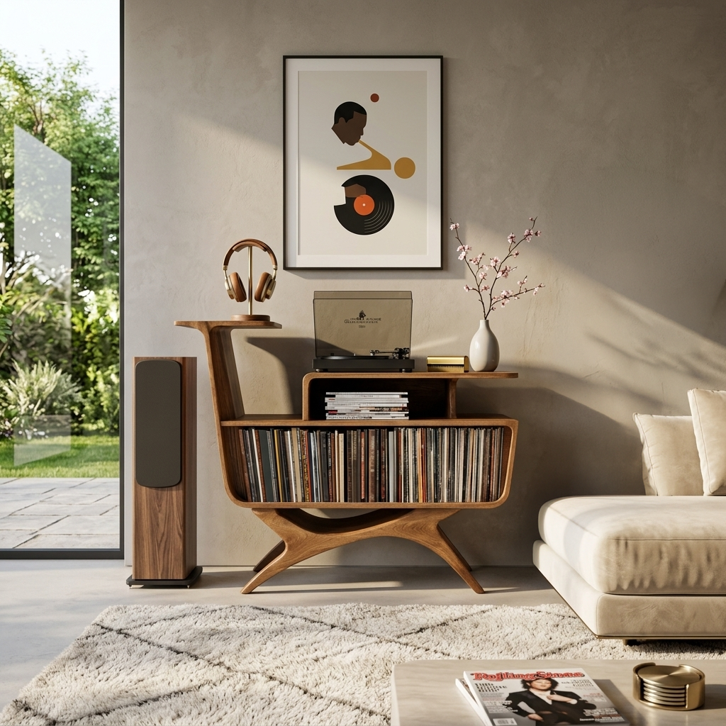 Turntable Console with Raised Top and Vinyl Shelves, 41 to 59 in