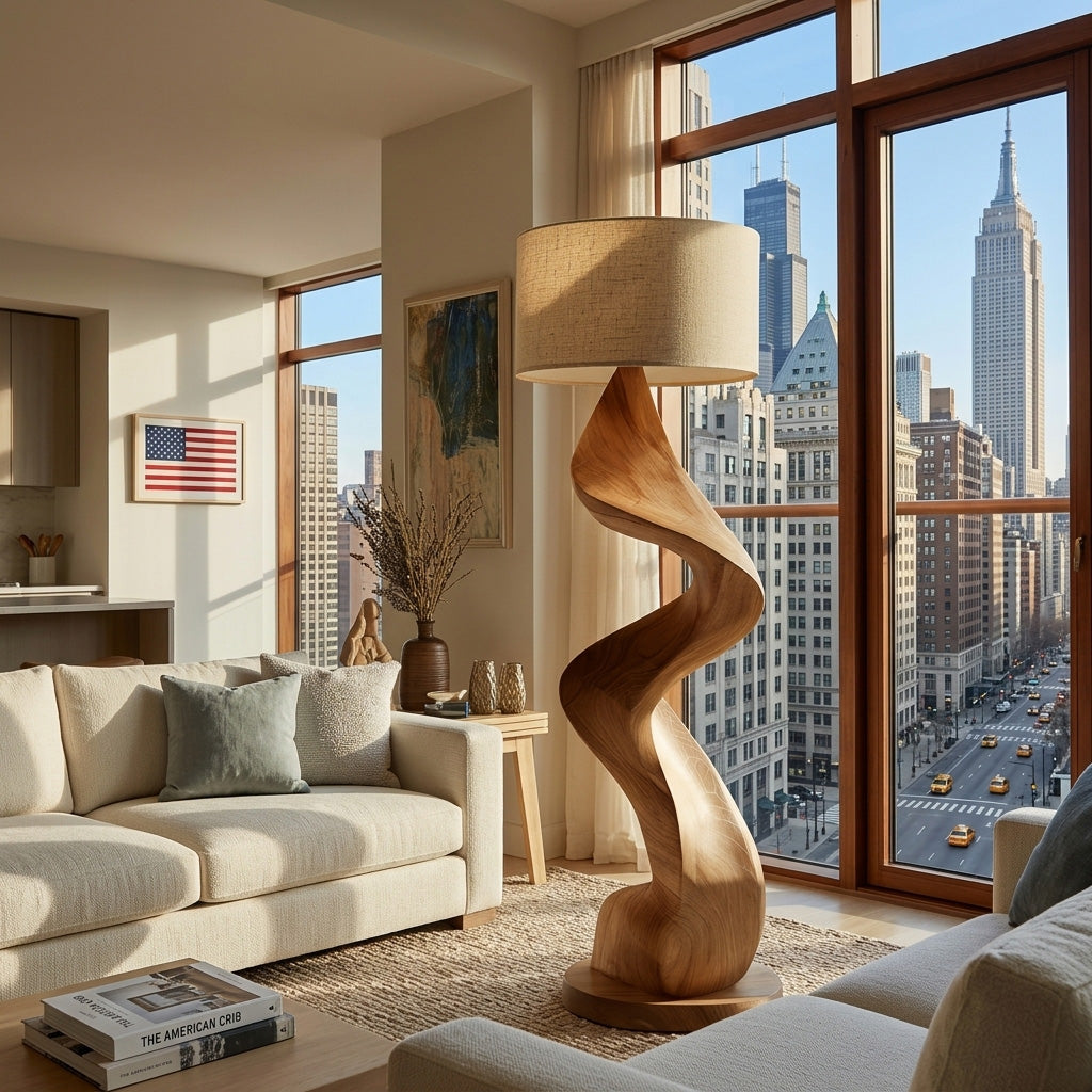 Gracefully Twisted Wood Base Floor Lamp, Fabric Shade, 39-63 in