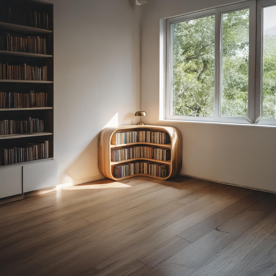 Curved Cubby Corner Bookcase in Natural Wood, 35 or 45 in Tall