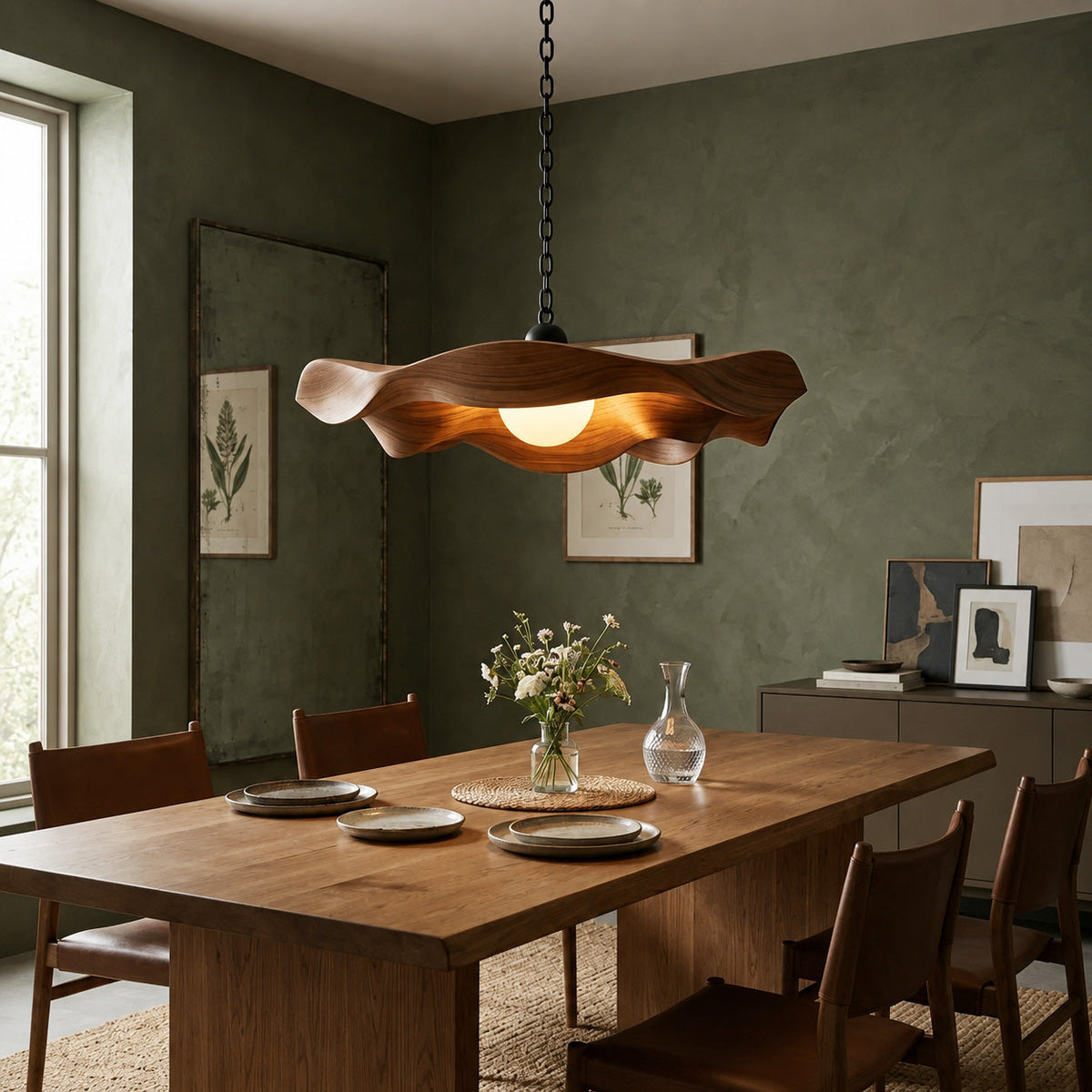 Curved Wood Hanging Pendant Lamp for Dining Table, 20 to 28 Inch