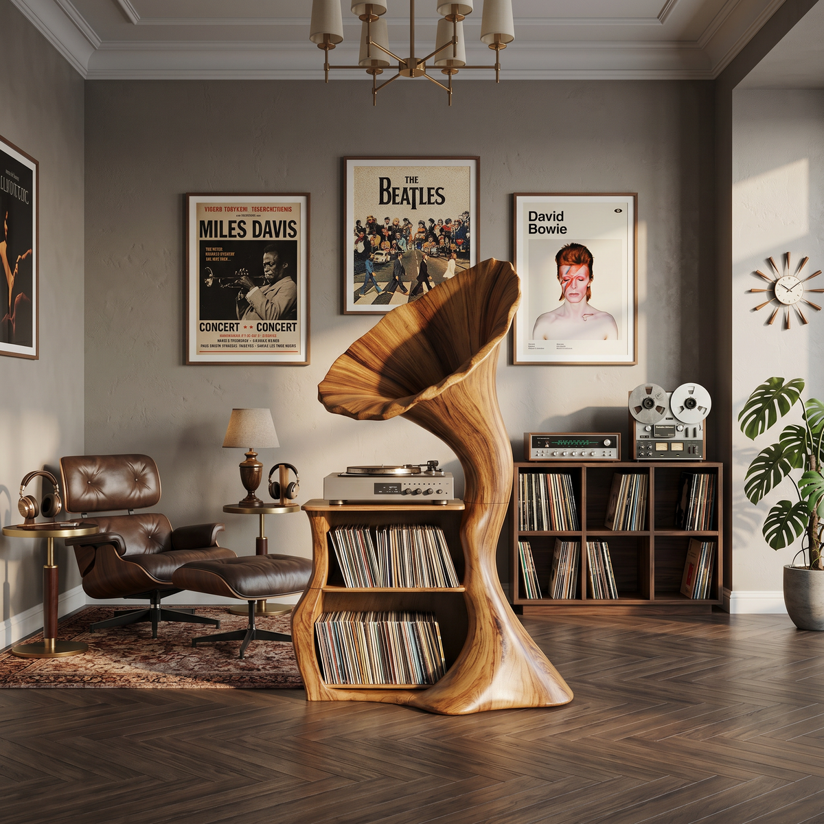 Tall Hardwood Vinyl Record Cabinet with Open Cubbies, 60 to 68 in