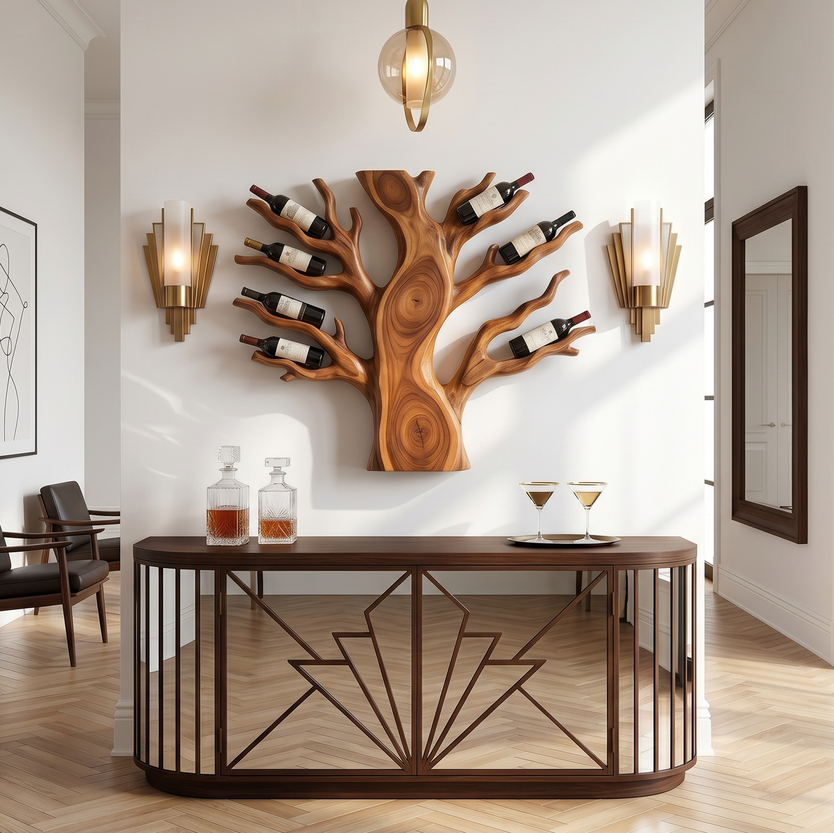 Floating Wall Wine Rack In Solid Wood For Living Rooms, 64 to 76 Inch