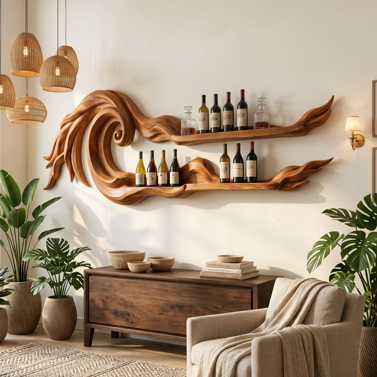 Long Wall-Mounted Wood Wine Rack For Beach Houses, 70 to 88 Inch
