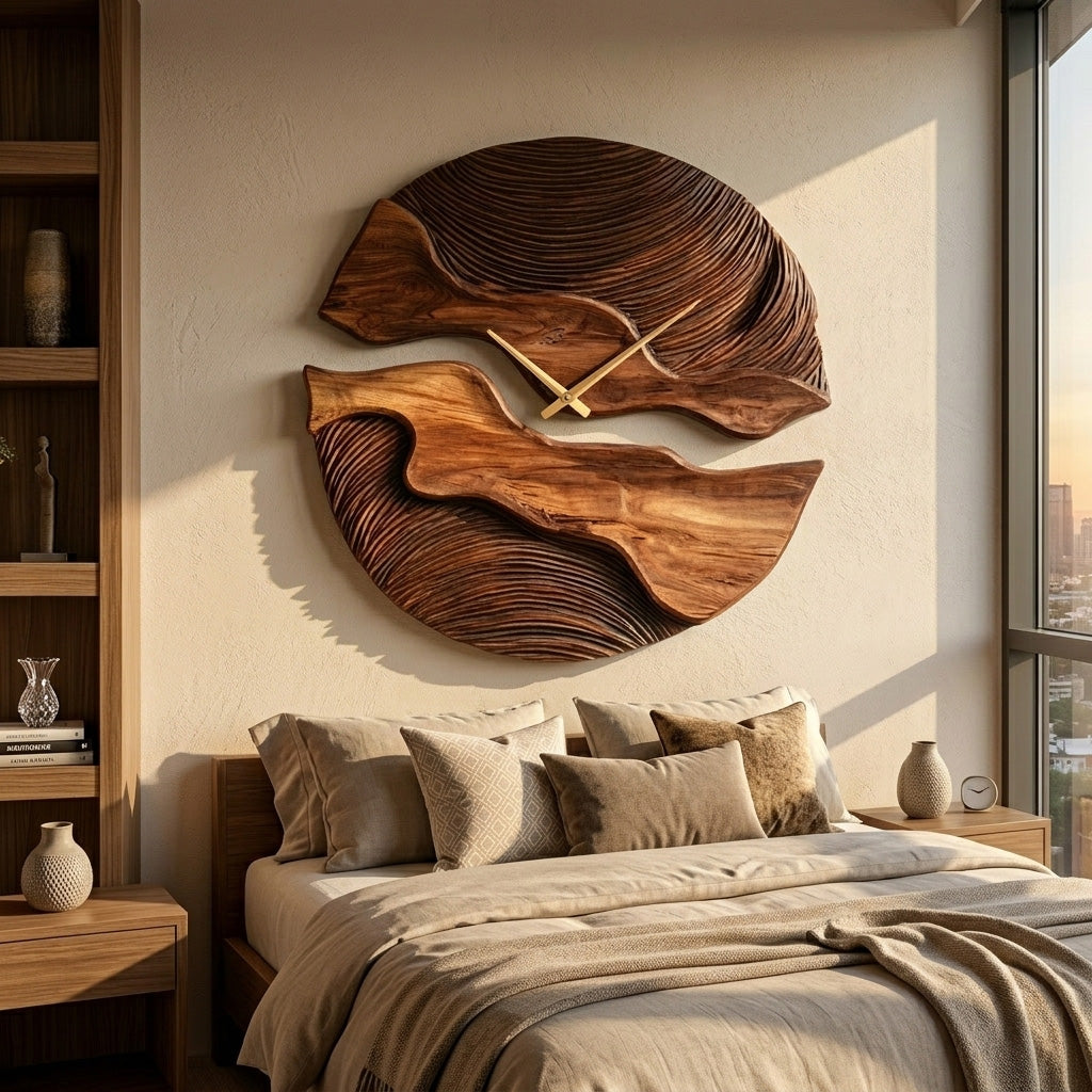 Carved Solid Wood Wall Clock with Organic Split Form