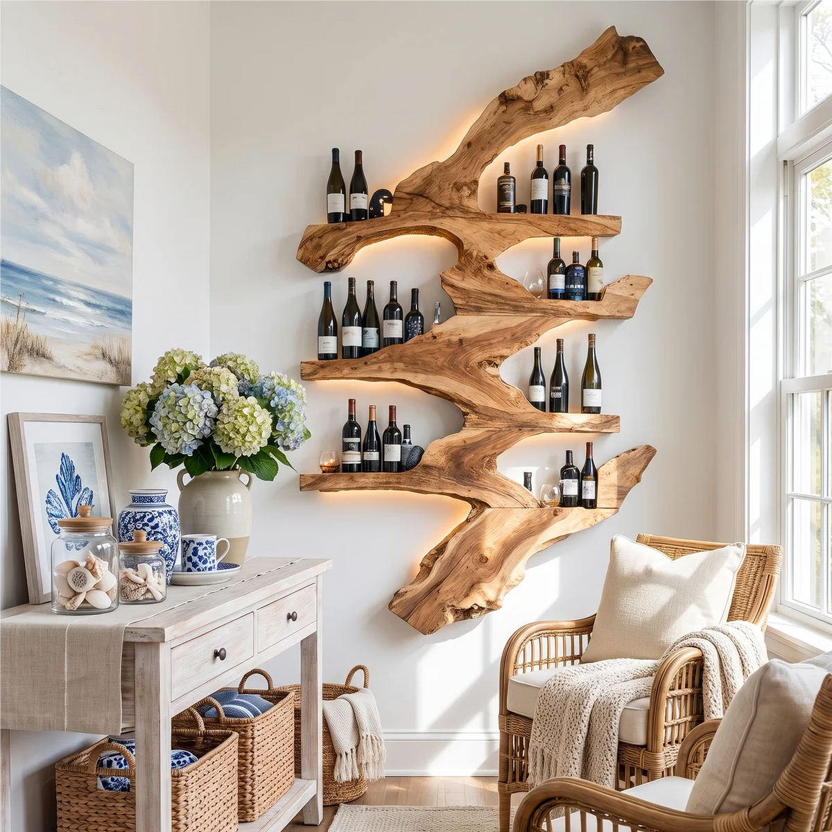 Slim 6-Inch Deep Wood Wine Bottle Wall Rack, 45 to 71 in Tall