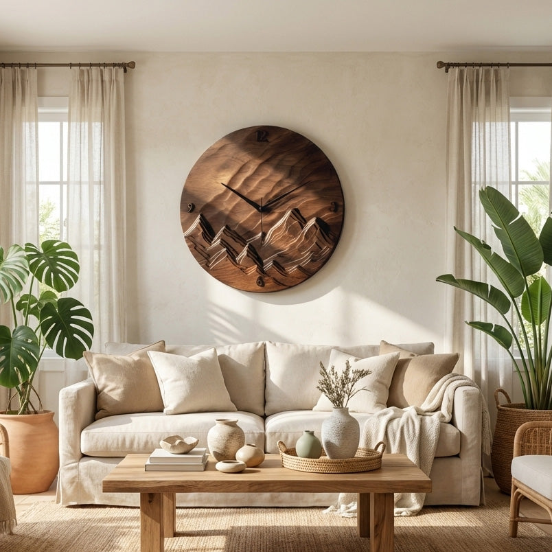 Rustic Wood Landscape Wall Clock, Handcrafted Nature Inspired Wooden Timepiece
