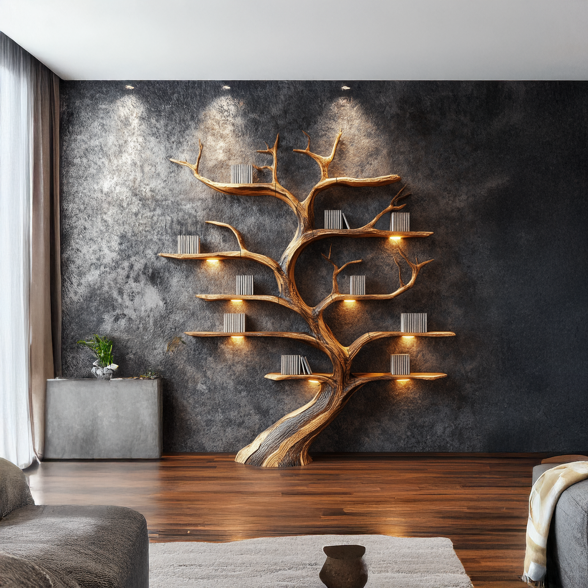 Weathered Branch Wall Bookshelf, 70 x 60 Inch Rustic Floating Display