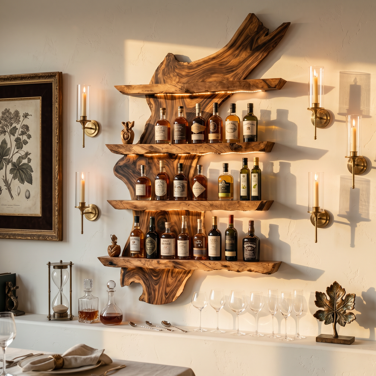 Wall-Mounted Wine Bottle Display in Monkey Pod Wood, 39 to 65 Inch