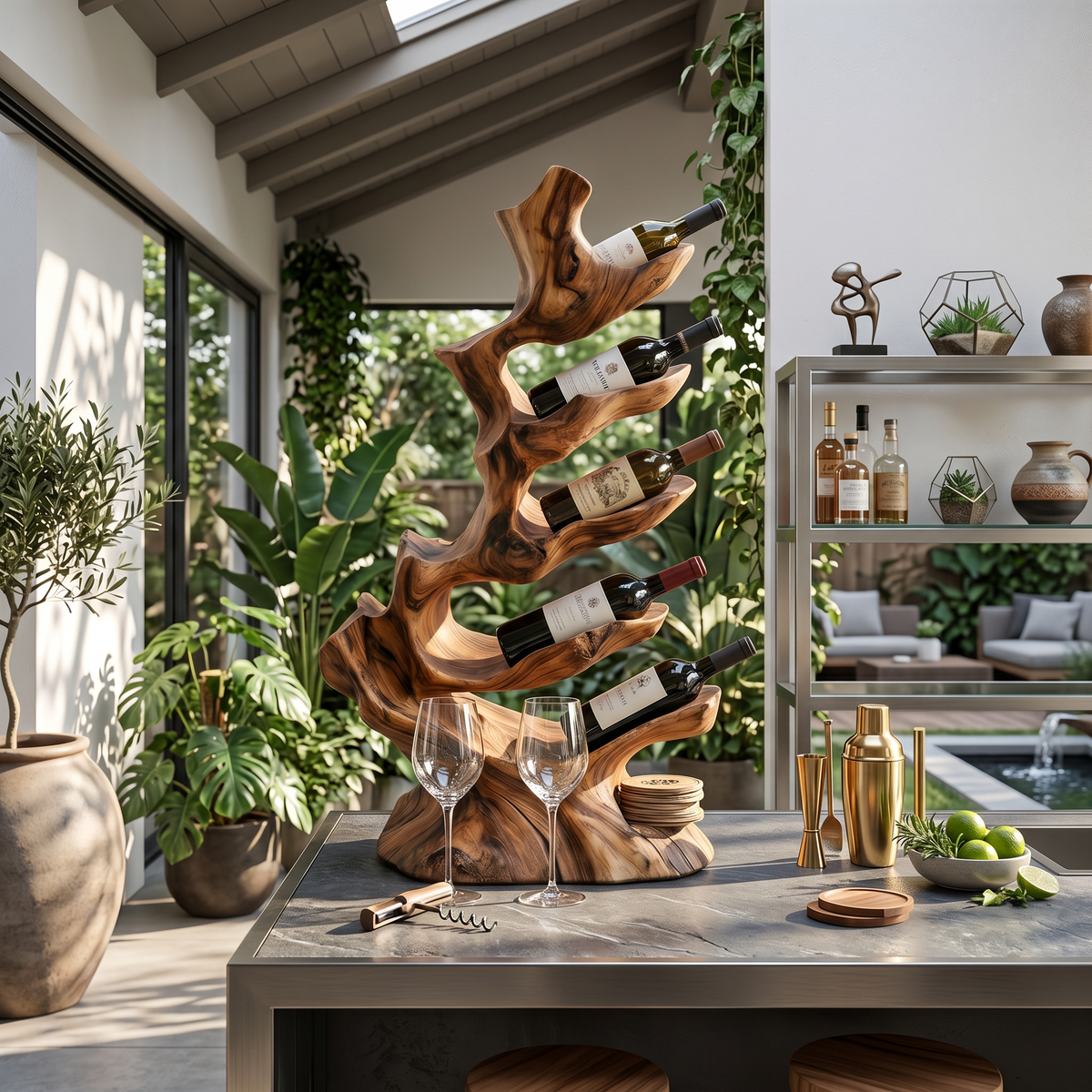 Standing Monkeypod Wood Wine Bottle Holder, 22 to 45 in Tall