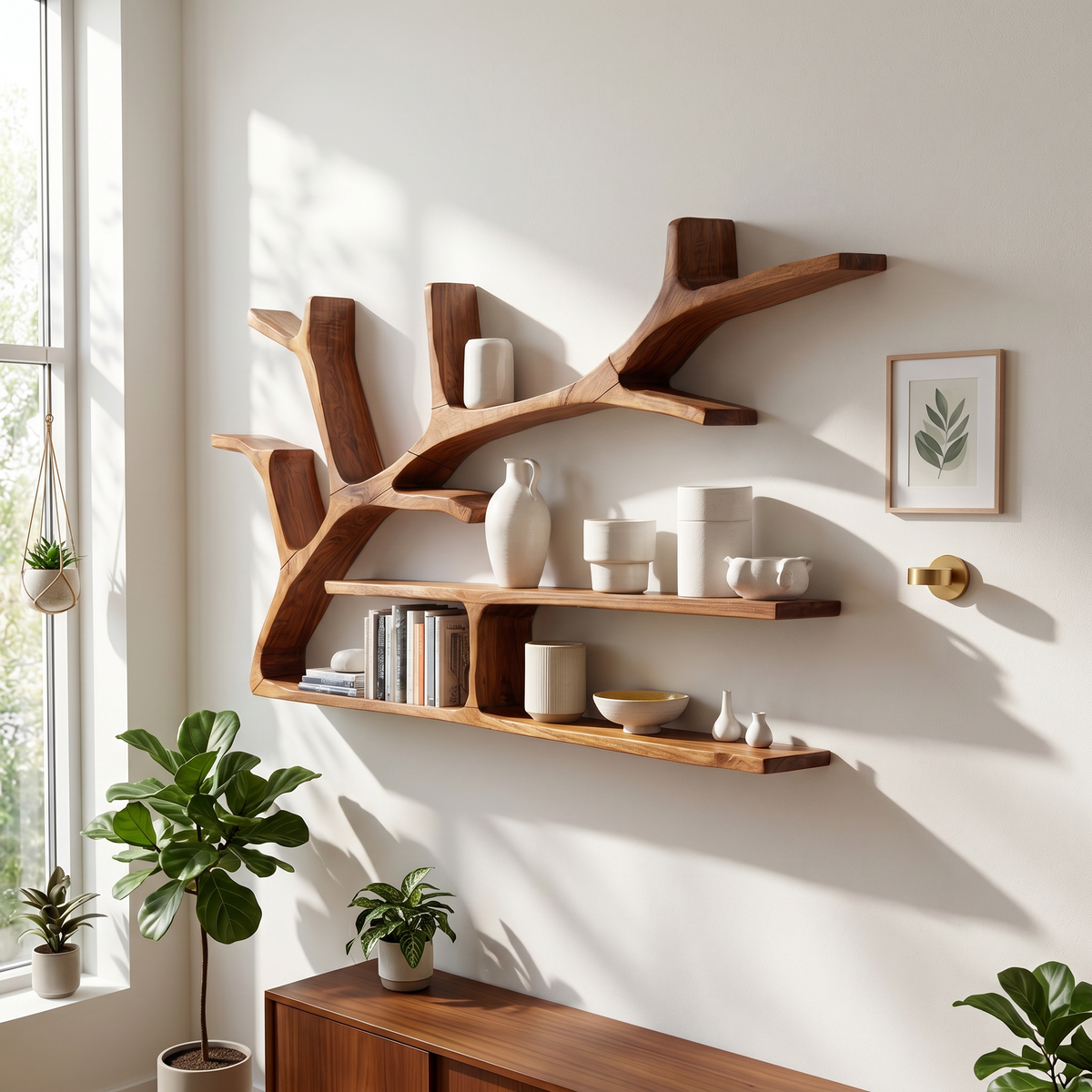 Rustic Tree Branch Floating Shelves For Living Room