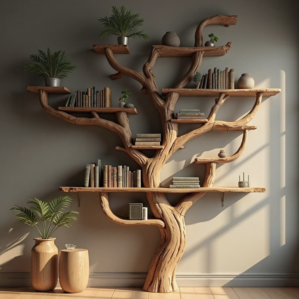 Wall Mounted Tree Branch Corner Bookshelf in Natural Wood
