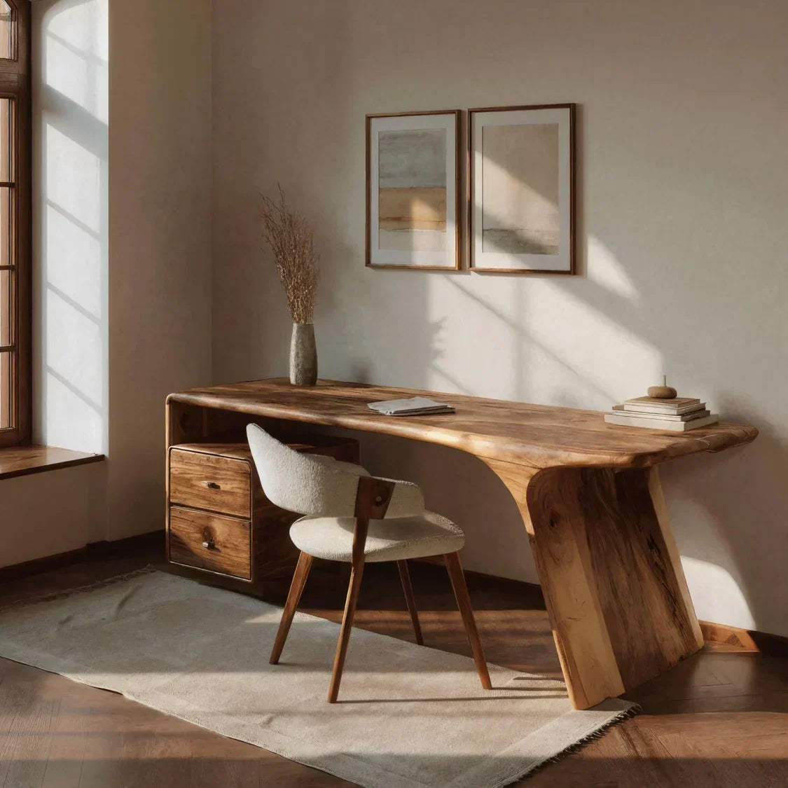 Curved Pedestal Wood Writing Desk with Drawers, 59 to 79 in Wide