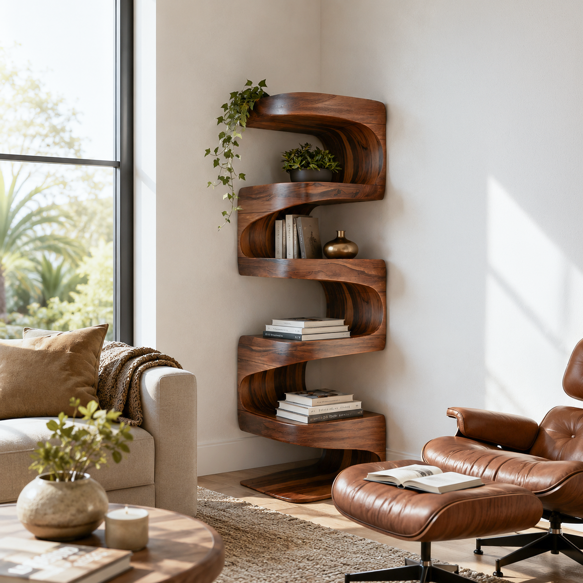 Flowing Wave Corner Shelf Unit in Solid Wood, 47 to 63 Inches Tall
