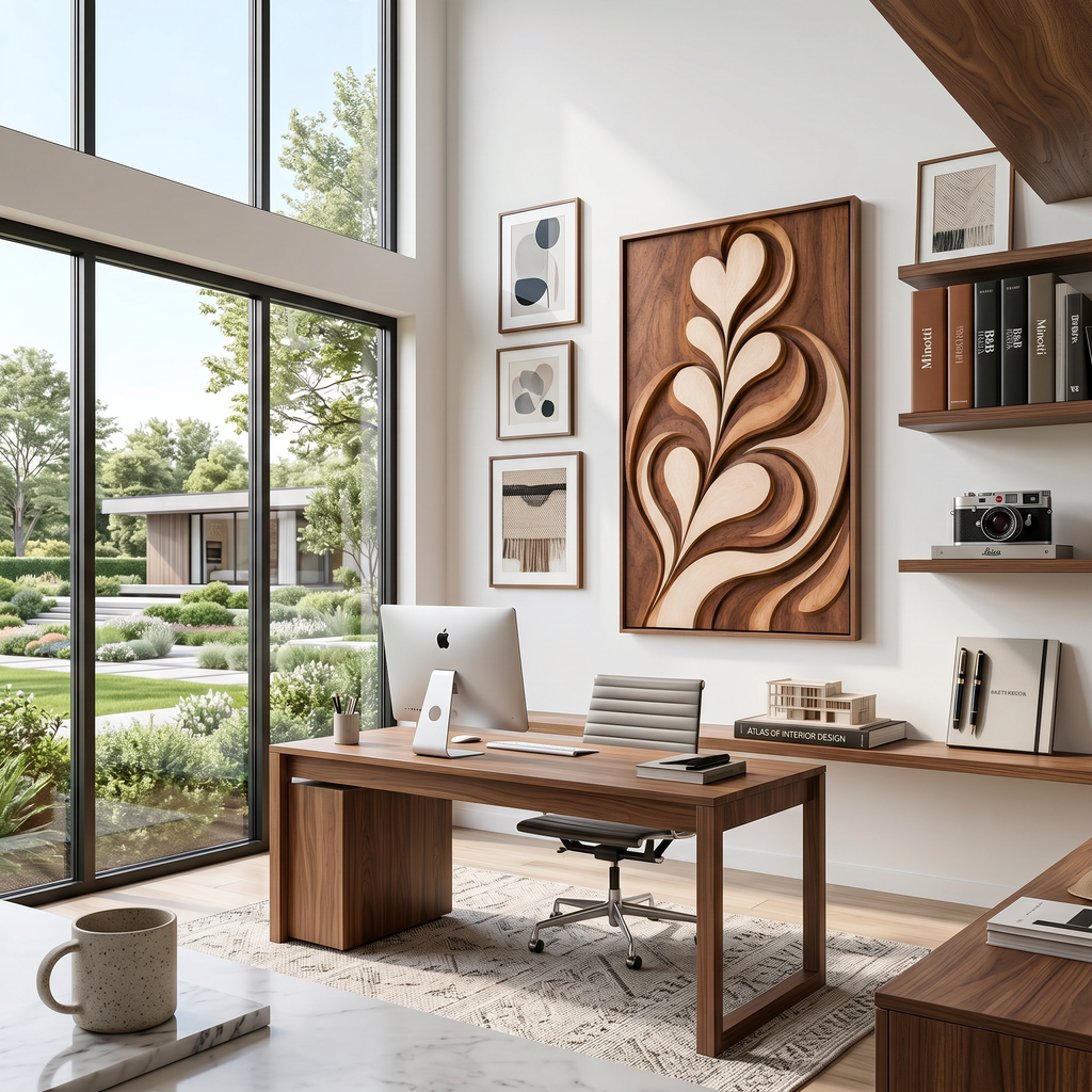 Leaf Form Carved Wood Wall Panel In Warm Latte Tones