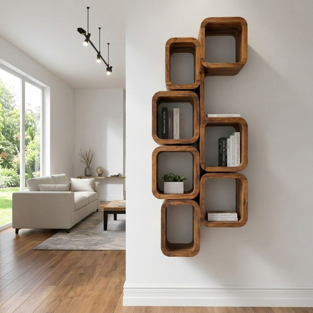 Geometric Interlocking Square Wall Shelf Unit in Wood, 55-79 in