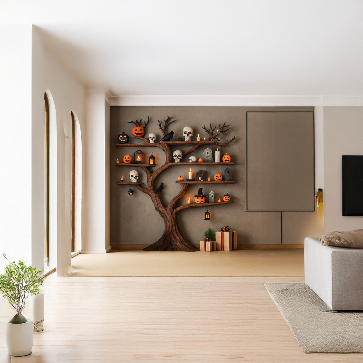 Tree Bookshelf, Rustic Branch Wall Shelf for Entryway or Halloween