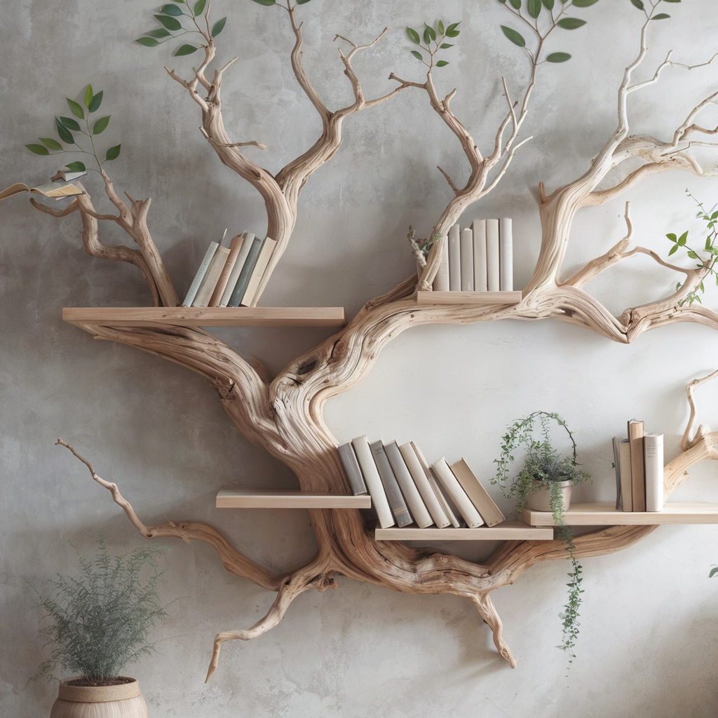 Mid-Century Driftwood Tree Wall Bookshelf, 70 x 60 Inch
