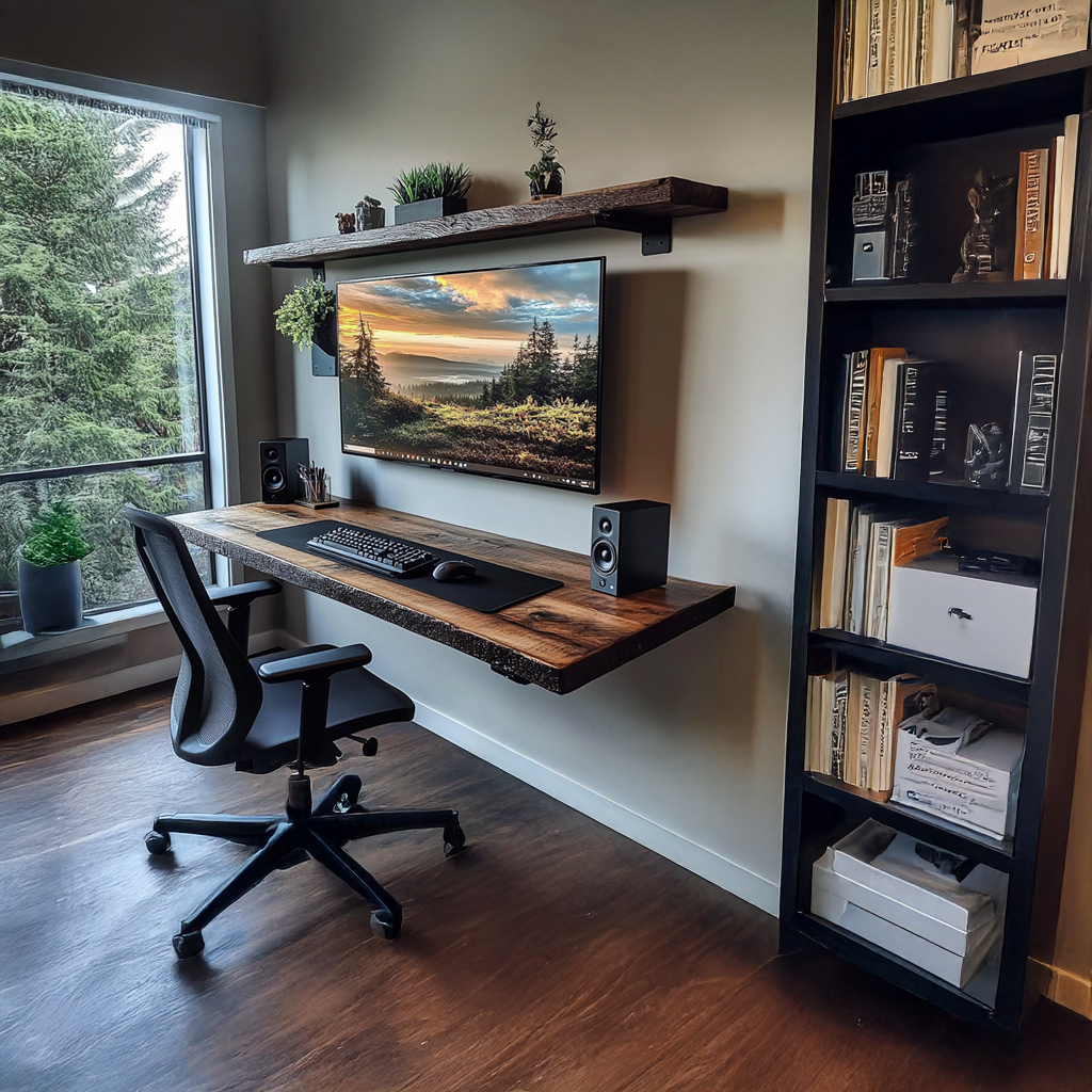 Floating Shelf Desk, Rustic Solid Wood Wall Mounted Ledge