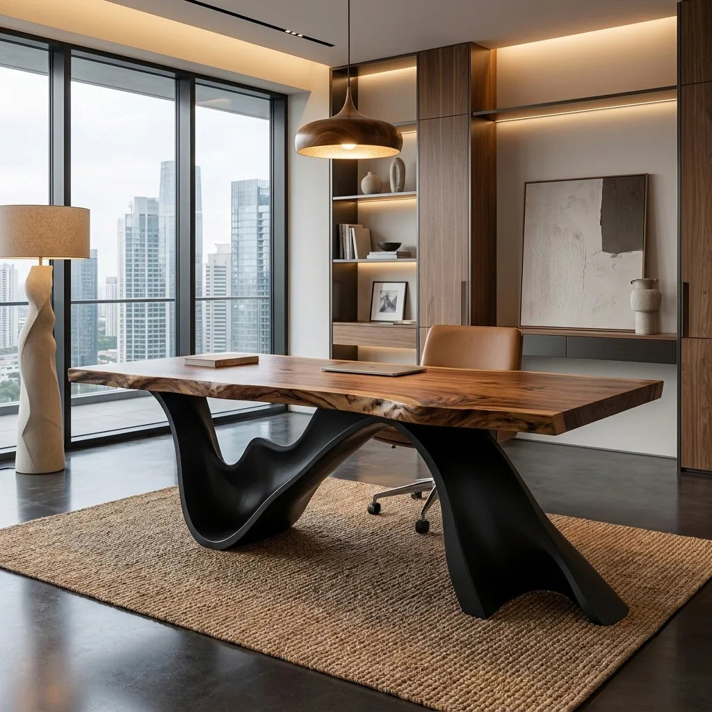 Live Edge Executive Desk With Dark Curved Sculptural Bases