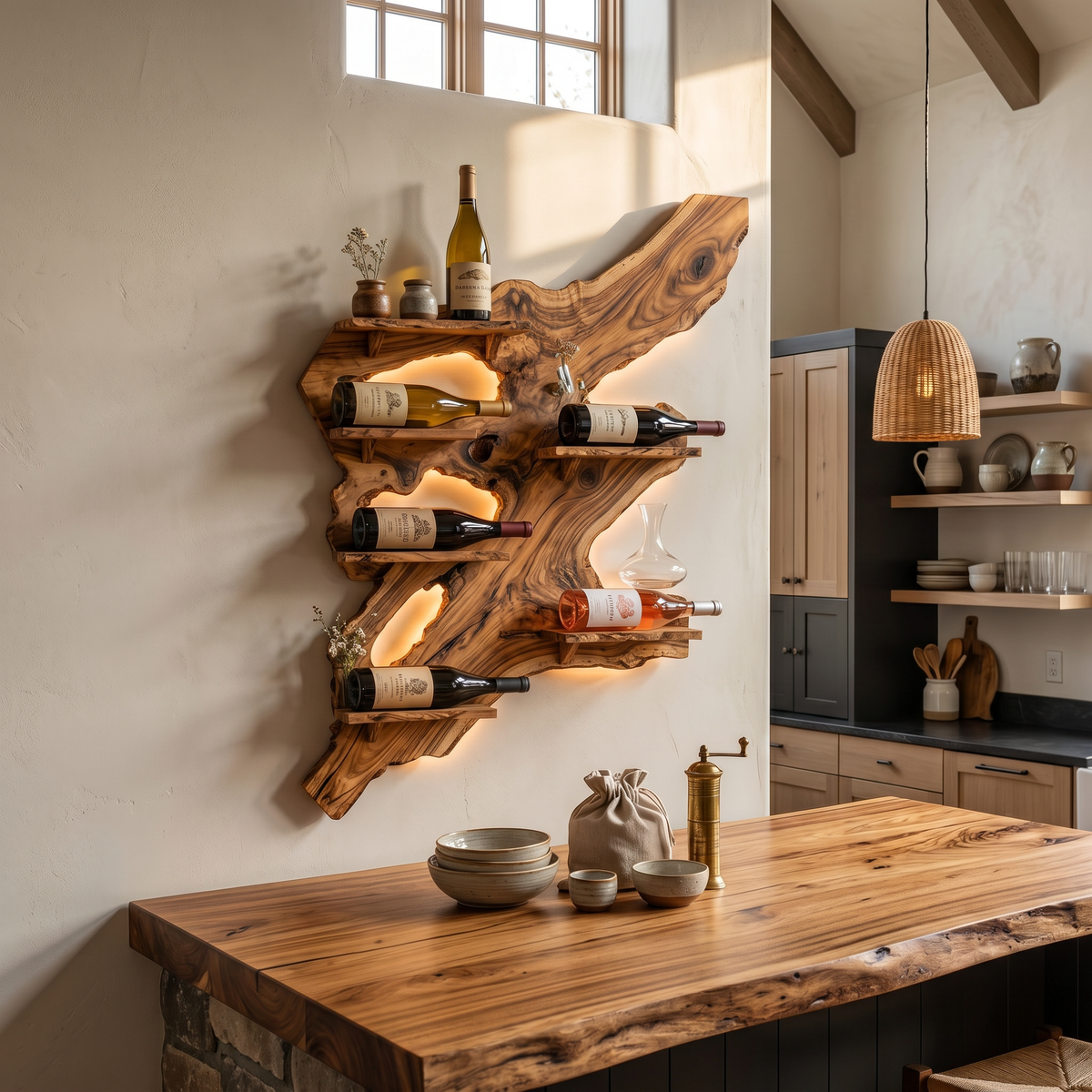 Monkey Pod Wall Wine Bottle Rack for Bar or Kitchen, 39 to 65 in
