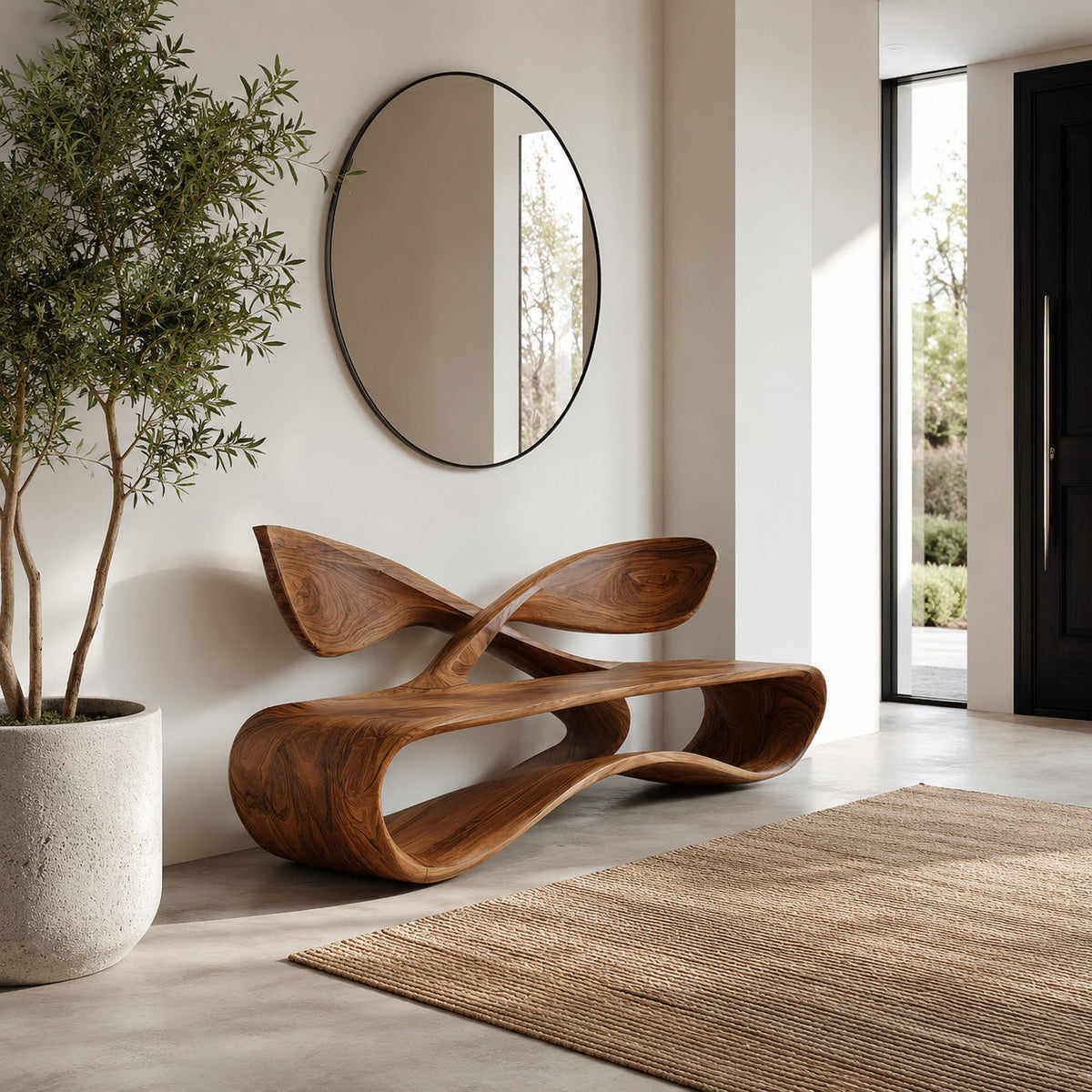 Curved Solid Wood Bench With Crossed Back Support For Living Rooms