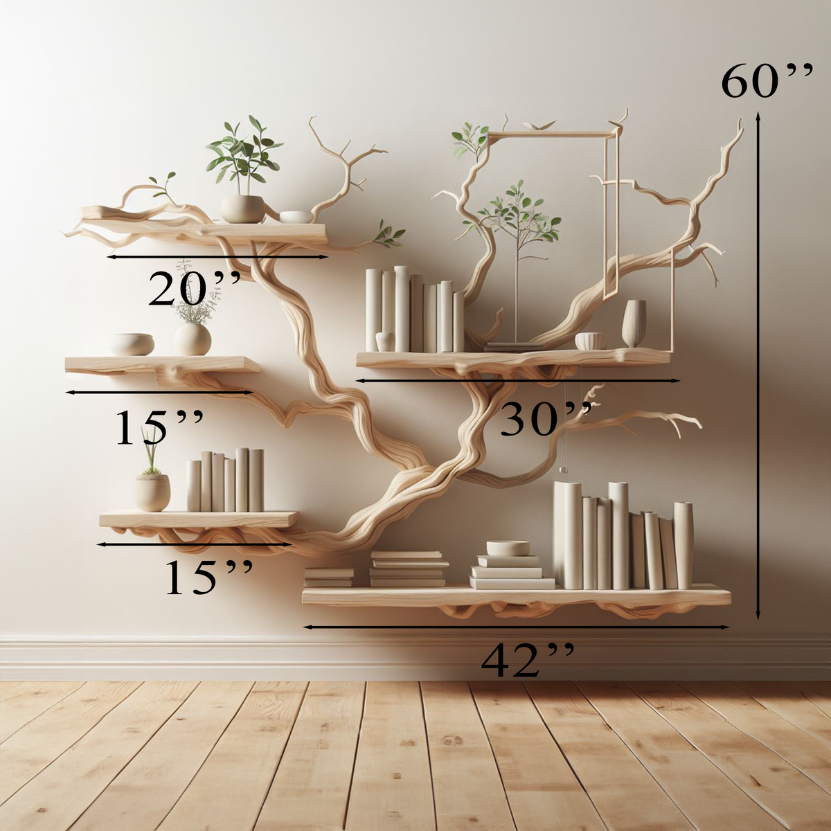 White Tree Branch Floating Bookshelf in Carved Solid Wood