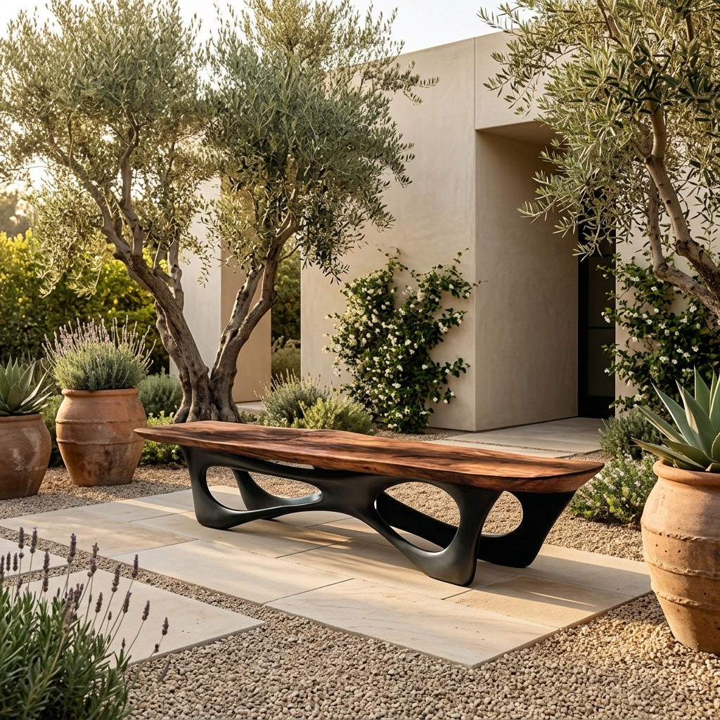 Bold Curve Wood Bench For Apartments, 47 To 73 Inch Long