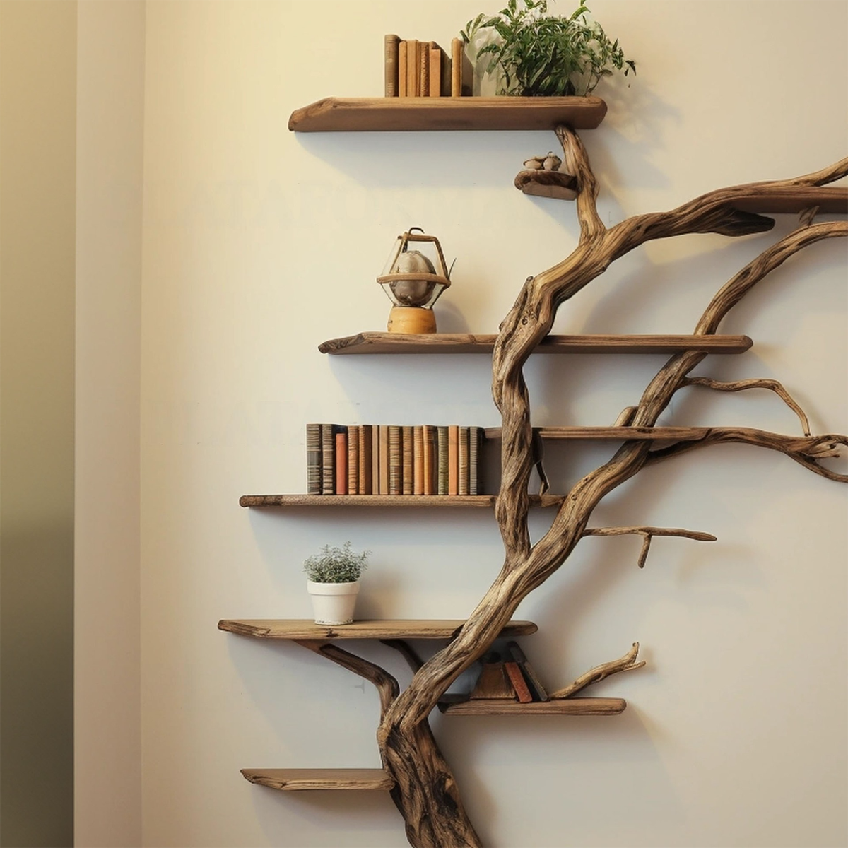 Narrow Corner Tree Branch Wall Shelf in Dark Brown, 84 in Tall