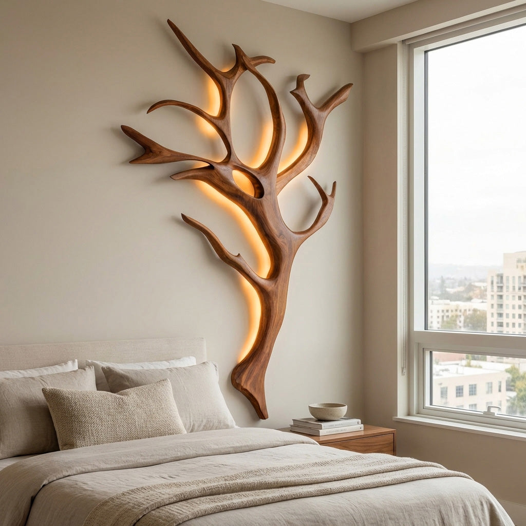 Handcrafted Wood Tree Branch Wall Lamp with Integrated Lighting